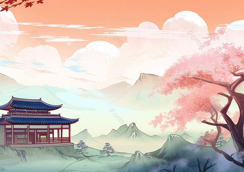 中国国潮国风新中式古风房屋建筑和粉的色树木室外风景场景背景插画,插画/手绘图,插画/手绘图库,插画/手绘图下载,插画/手绘